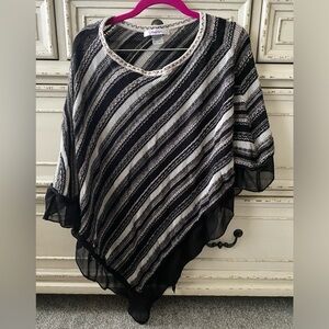 Tan Jay Black and White Striped Knit Asymmetrical Poncho (M-L)